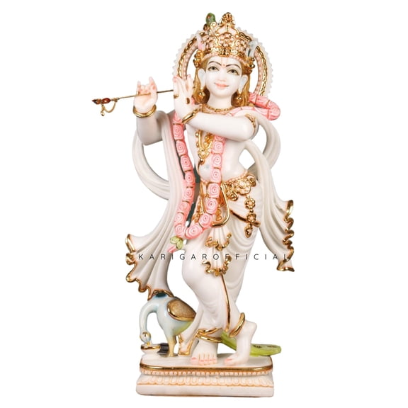 Krishna Statue, Large 24 inches Krishna Idol, White Gold Pink Accent Krishna Figurine, Hindu God Handpainted Murlimanohar Murti, Home Temple Pooja Sculpture, Perfect Housewarming Anniversary Gifts