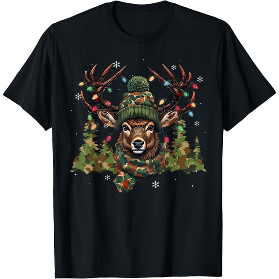 Krismast Camo Hunting Reindeer Deer Krismast Lights T-Shirt