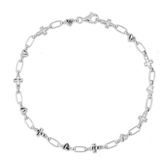 Kristen Kesho Heart & Cross Link Sterling Silver Diamond Cut Chain Bracelet, Adjustable 7-7.5"