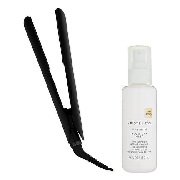 Kristin Ess Hair NANOBLACK Mini Ceramic Flat Iron Hair Straightener + STYLE ASSIST Heat Protectant Spray Set Variety Pack