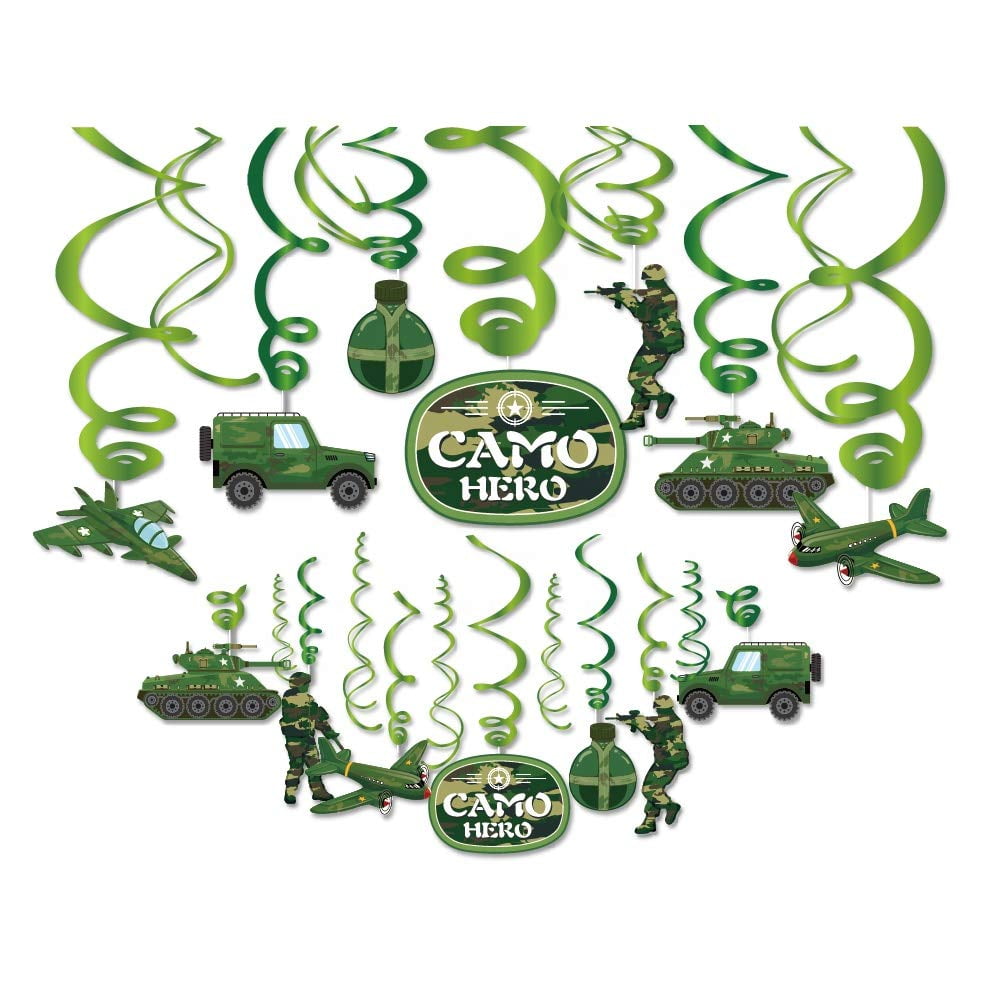 Kristin Paradise 30Ct Camo Hanging Swirl Decorations, Army Party Supplies, Camouflage Military Birthday Theme Decor for Kids Boy Girl Baby Shower, Soldier 1st Bday Favors Idea NY1