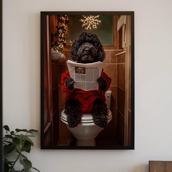 Kristmas Black Doodle Dog Reading Newspaper On Tet Print, Dog Bathroom Art, Whimsical Decor, Cute Warm Present Vintage UNFRAMED Poster Size 8x12