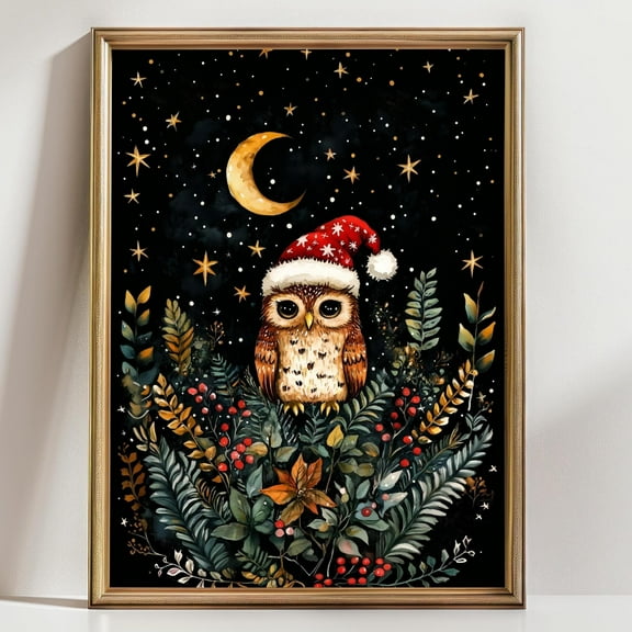 Kristmas Owl Art Print – Cute Forest Animal In Santa Hat, Celestial Night Sky Home Decor For Winter Or Woodland Nursery Warm Present Vintage UNFRAMED Poster Size 16x24