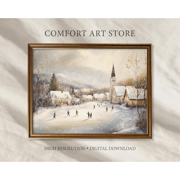 Kristmas Wall Art Print Vintage Kristmas Cityscape Winter Ice Skating Decor Festive Neutral Decoration Warm Present Vintage UNFRAMED Poster Size 24x36