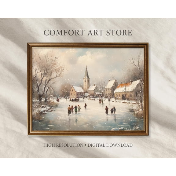Kristmas Wall Art Print Vintage Kristmas Cityscape Winter Ice Skating Decor Festive Neutral Decoration Warm Present Vintage UNFRAMED Poster Size 24x36