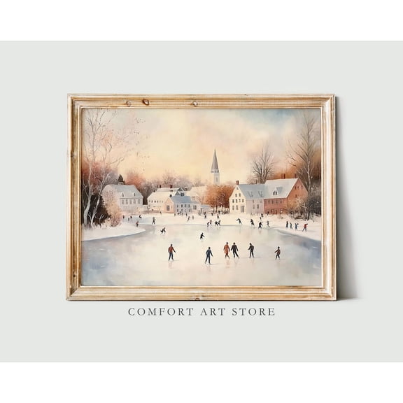 Kristmas Wall Art Vintage Decor Ice Skating Winter Landscape Frozen Lake Neutral Rustic Antique Print Cottagecore Kristmas Lake Warm Present Vintage UNFRAMED Poster Size 24x36