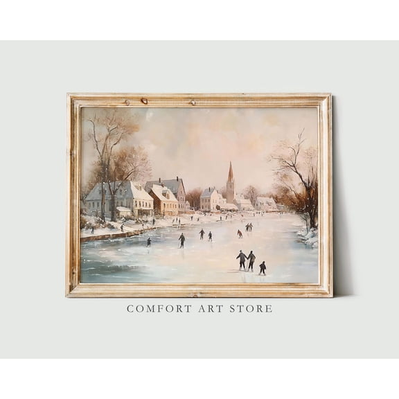 Kristmas Wall Art Vintage Decor Ice Skating Winter Landscape Frozen Lake Neutral Rustic Antique Print Cottagecore Kristmas Lake Warm Present Vintage UNFRAMED Poster Size 24x36