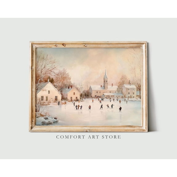 Kristmas Wall Art Vintage Decor Ice Skating Winter Landscape Frozen Lake Neutral Rustic Antique Print Cottagecore Kristmas Lake Warm Present Vintage UNFRAMED Poster Size 24x36