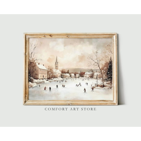 Kristmas Wall Art Vintage Decor Ice Skating Winter Landscape Frozen Lake Neutral Rustic Antique Print Cottagecore Kristmas Lake Warm Present Vintage UNFRAMED Poster Size 16x24