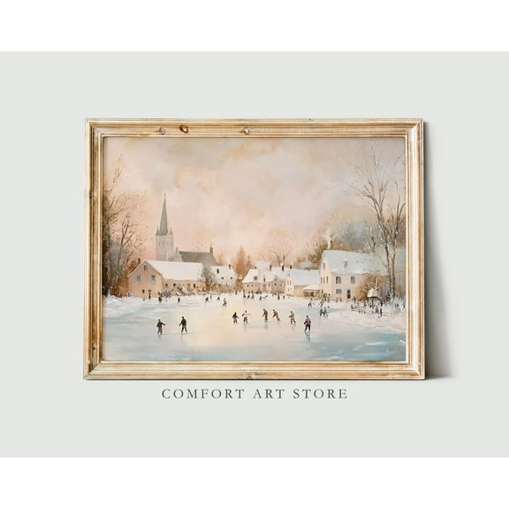 Kristmas Wall Art Vintage Decor Ice Skating Winter Landscape Frozen Lake Neutral Rustic Antique Print Cottagecore Kristmas Lake Warm Present Vintage UNFRAMED Poster Size 8x12