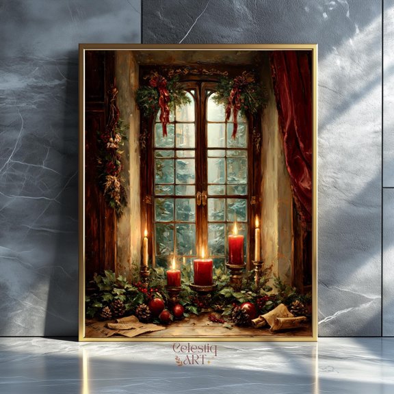 Kristmas Window Still Life Art, Vintage Cottagecore Winter Print Warm Present Vintage UNFRAMED Poster Size 8x12