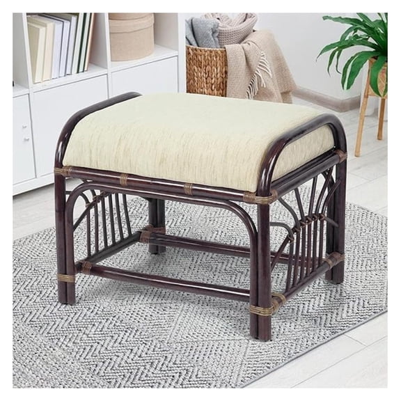 Krit Handmade Rattan Wicker Ottoman Footstool with Cushion Fully Assembled Dark Brown Color