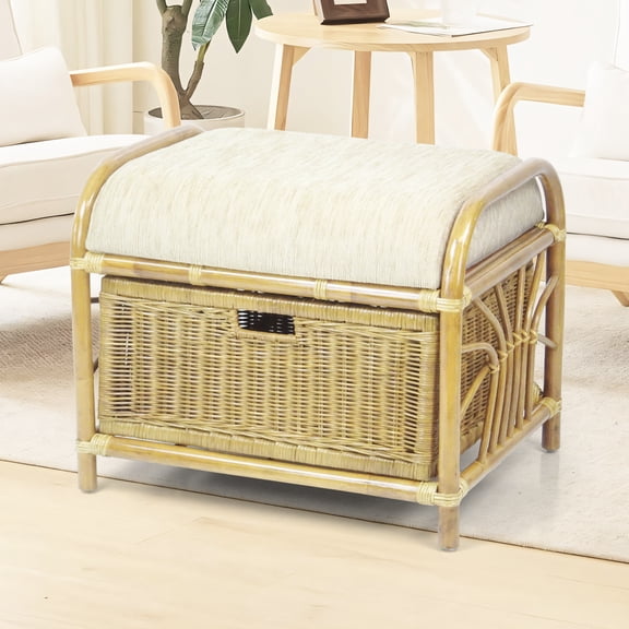 Krit Ottoman Footstool Handmade Natural Rattan Wicker w/Basket w/Cushion, Natural