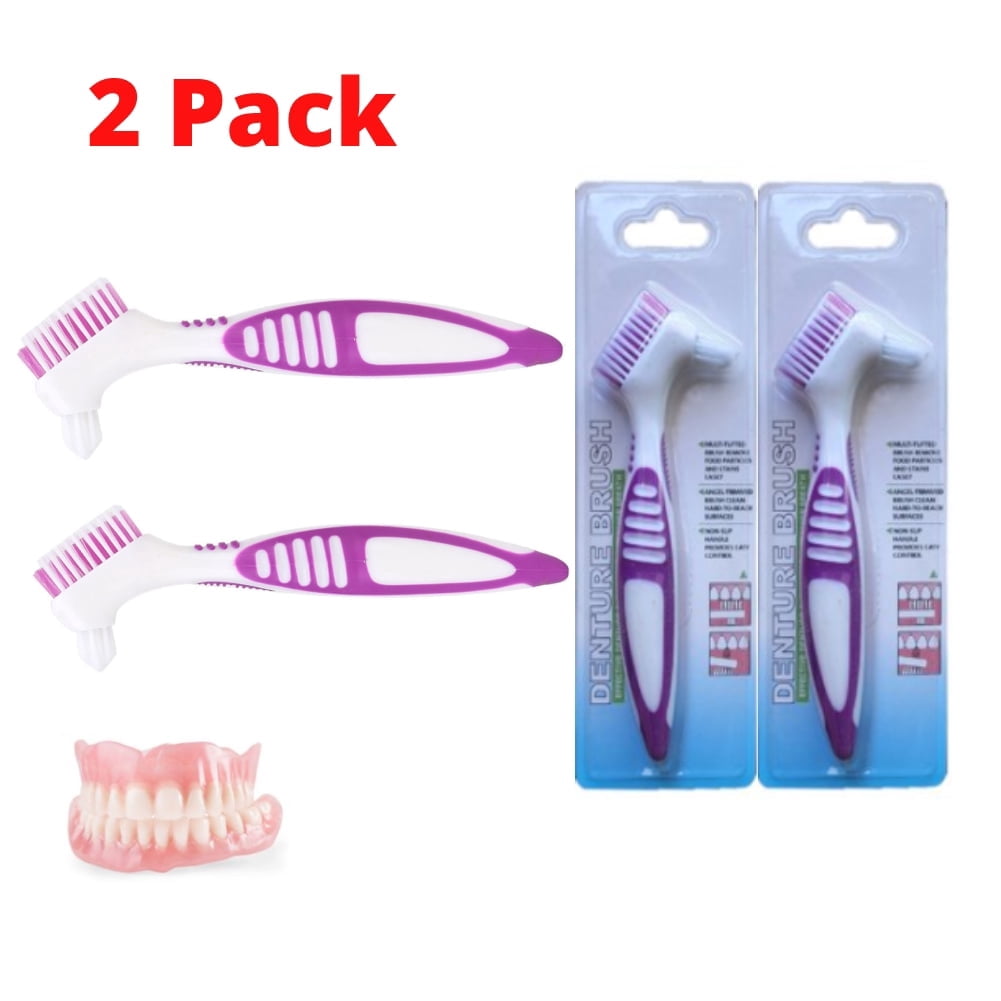 Denture Brush 2-Pack With Case - Multi-Layered Bristles For False Teeth Cleaning | Ergonomic Rubber Handle