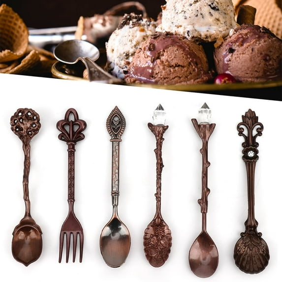Kritne 6Pcs Coffee Spoon Set Innovative Vintage Retro Zinc Alloy Spoons Fork Set Cutlery Kitchen Accessory(Red Bronze)