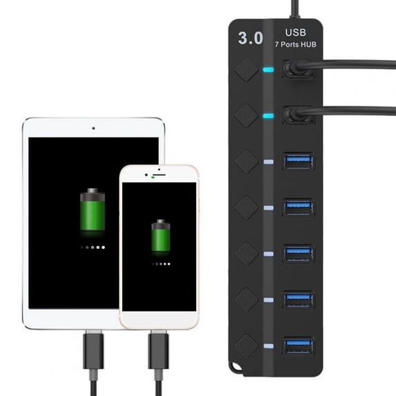 Kritne 7-port USB 3.0 Hub 5GB/S High Speed with Key Switch Power Adapter USB HUB for PC (Black), Multi-port USB hub