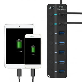 Kritne 7-port USB 3.0 Hub 5GB/S High Speed with Key Switch Power Adapter USB HUB for PC (Black), Multi-port USB hub