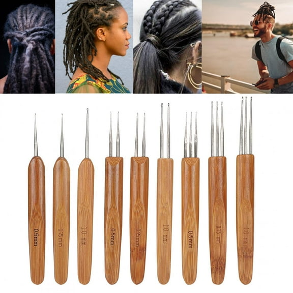 Kritne 9 Pcs Dreadlocks Crochet Hooks Set, 0.5mm 0.75mm 1mm 1 Hook 2 Hooks 3 Hooks with Bamboo Handle, Hair Weaving Needle Tool for Braid Craft