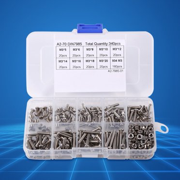 340pcs M3 A2 Stainless Steel Hex Screw Nuts Bolt Cap Socket Assortment Kit – Box Case