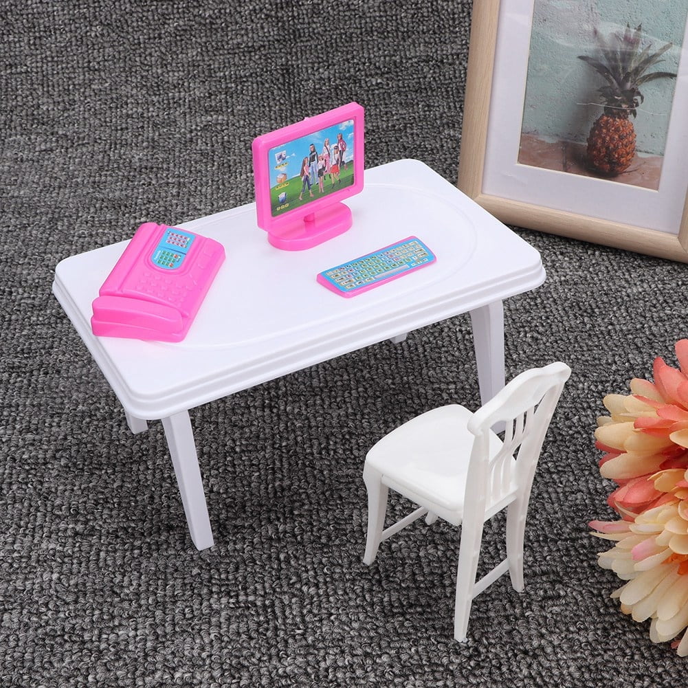 Kritne Doll Desk Mini Computer Keyboard Fax Machine Desk Chair for Doll House Kids Girl Toy Gift Set Mini Furniture Set Walmart