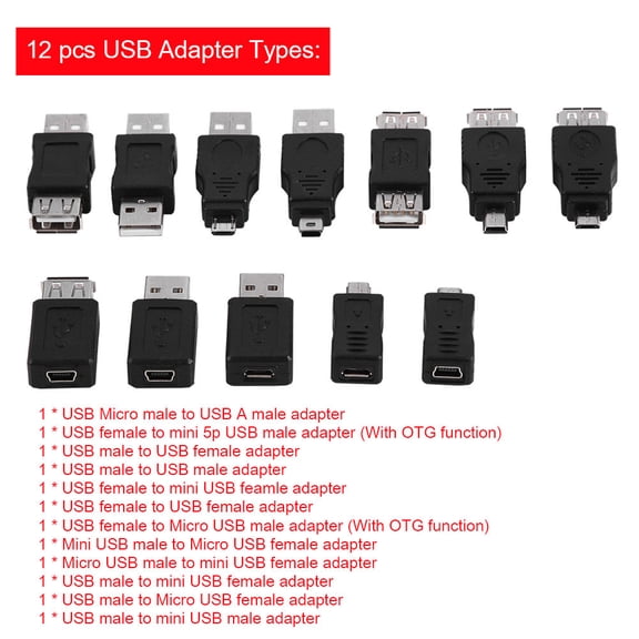 Kritne Mini USB Adapter,Pack of 12 Pcs Multiple USB2.0 Adapters Micro/Mini Male Female Converters Connectors