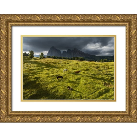 Krivec, Ales 32x23 Gold Ornate Wood Framed with Double Matting Museum Art Print Titled - Horses in the Dolomites