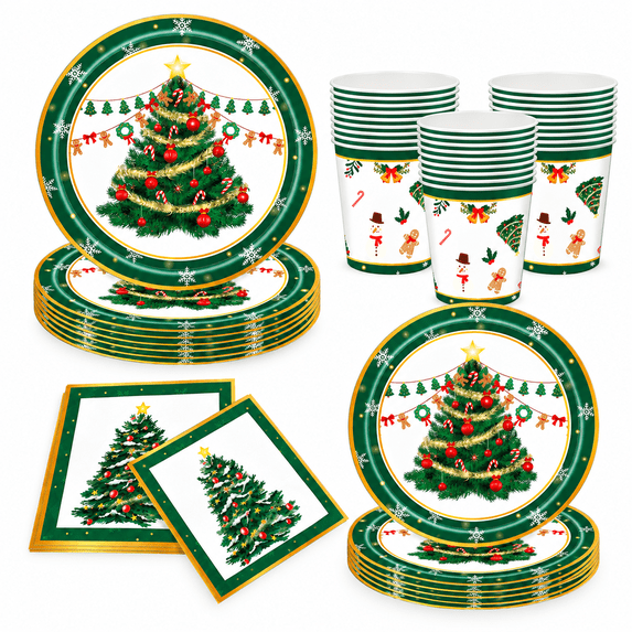 Krocisen 100 Pcs Merry Christmas Tableware Set Disponible Paper Plates for 25 Guests, Christmas Dinner Plates, Napkins and Cups, Christmas Tree Dinnerware for Xmas Party Supplies