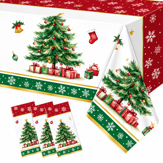 Krocisen 3 Pack Christmas Tablecloth Disposable Plastic Table Cover for Christmas Party Decoration Supplies 54 x 108 Inches