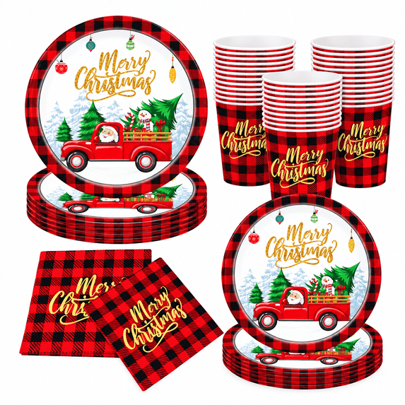 Krocisen Christmas Paper Plates and Cups Set for 25 Guests, 9 Inch & 7 Inch Dinner Plates, Napkins and Cups, Holiday Tableware Kit for Xmas Party, Dinner & Family Gathering