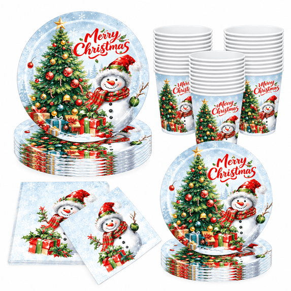 Krocisen Christmas Paper Plates Disponible Snowman Christmas Tree Party Plates for 25 Guests, Xmas Party Supplies with Napkins, Cups for Winter Holiday Decoration