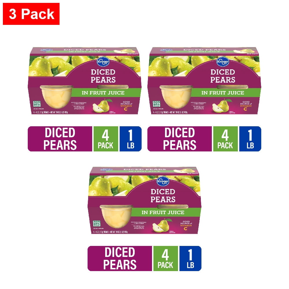 Kroger Diced Pears in Fruit Juice Cups 4 ct / 4 oz - 3 Pack