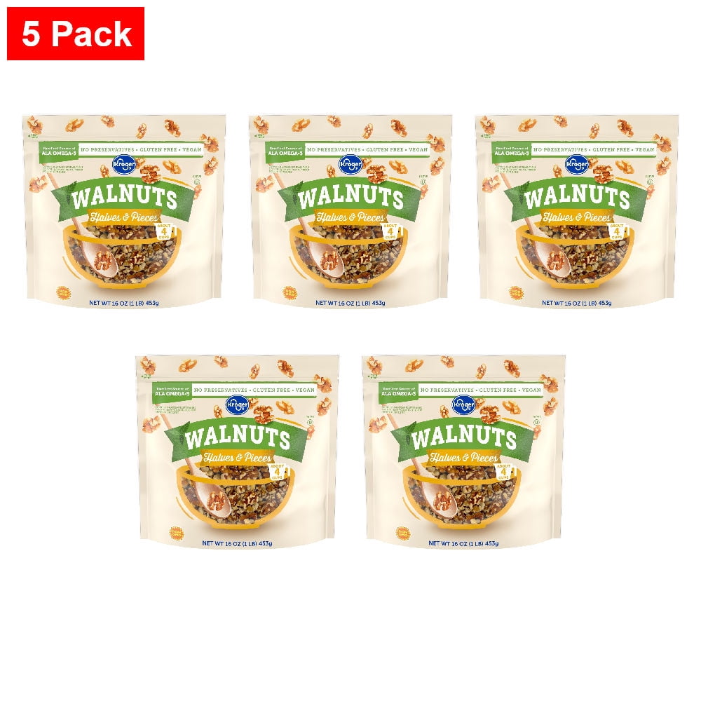 Kroger Gluten Free Vegan Halves and Pieces Walnuts 16 oz - 5 Pack