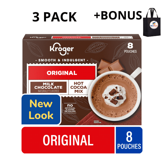 Kroger Original Milk Chocolate Flavored Hot Cocoa Mix Naturally Flavored No Artificial Flavors or Colors 8 Pouches 11 oz ,3 Pack + Bonus
