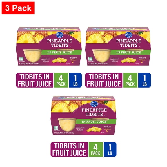 Kroger Pineapple Tidbits Cups in 100% Pineapple Juice 4 ct / 4 oz - 3 Pack