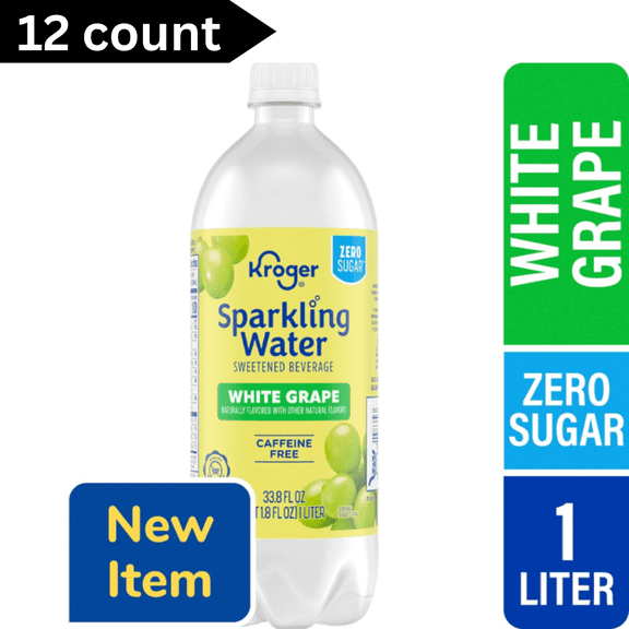 Kroger Zero Sugar White Grape Sparkling Water 33.8floz Bottles, 12 Count Refreshing Fruit Flavored Beverage