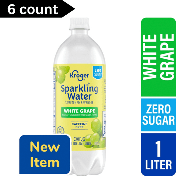 Kroger Zero Sugar White Grape Sparkling Water 33.8floz Bottles, 6 Count Refreshing Fruit Flavored Beverage