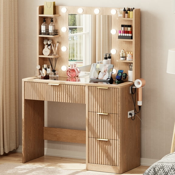 Kromapolis 36" Fluted Vanity Desk with Adjustable LED Lights & Charging Station, 4 Drawers Makeup Table with Tempered Glass Top, 8 Open Shelves, Hair Dryer Holder for Bedroom, Natural Oak