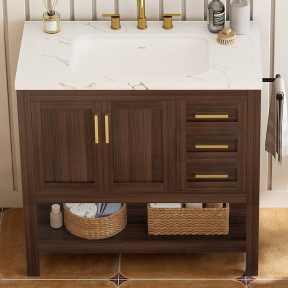 Kromapolis 36" Freestanding Bathroom Vanity with Sink,Farmhouse Bathroom Storage Cabinet with 2 Drawers & Open Shelf, Paper Towel Holder,Rustic Storage for Master or Family Bathroom, Walnut