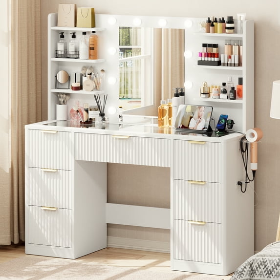 Kromapolis 47" Fluted Vanity Desk with Adjustable LED Lights & Charging Station, 7 Drawers Makeup Table with Tempered Glass Top, 8 Open Shelves, Hair Dryer Holder for Bedroom, White