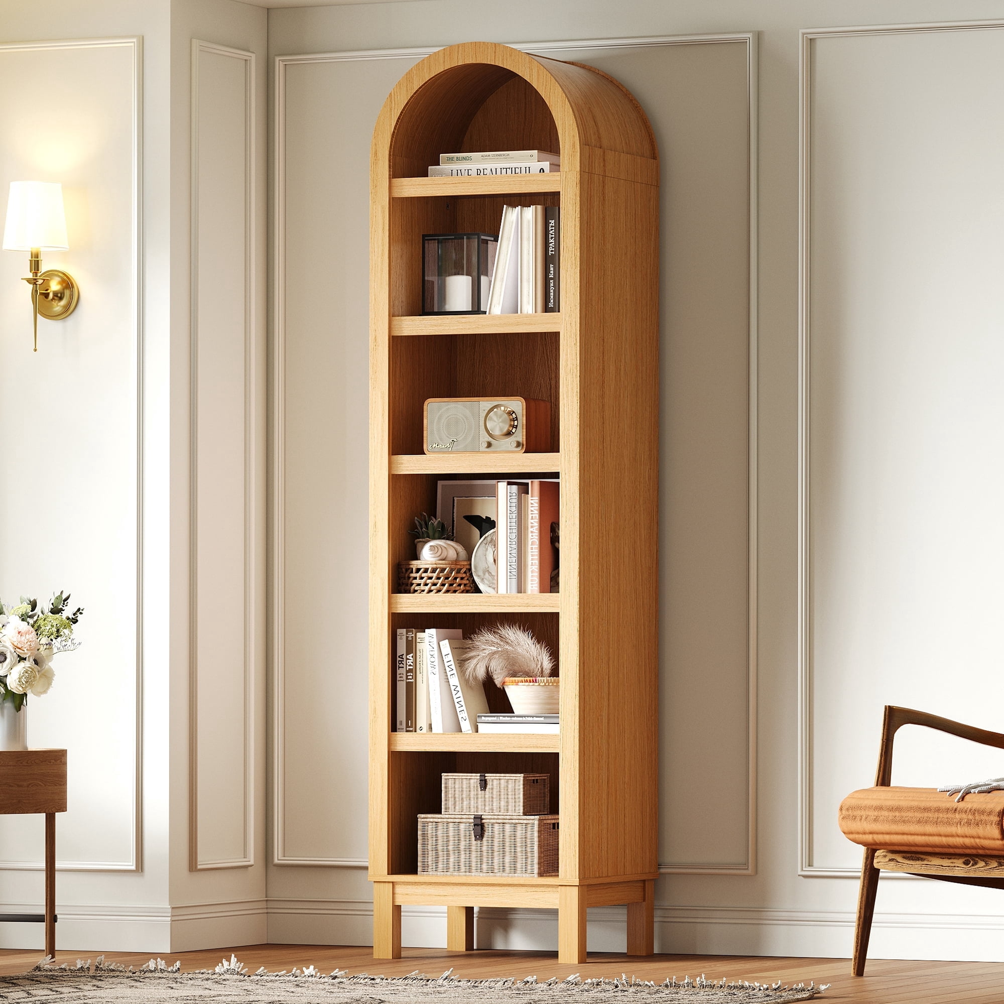 Kromapolis 6-Tier Arched Storage Bookcase with 2 Adjustable Shelves,Narrow Wood Bookshelf Open Display Shelves for Living Room,Entryway,Bedroom,Light Honey,Assembly Require