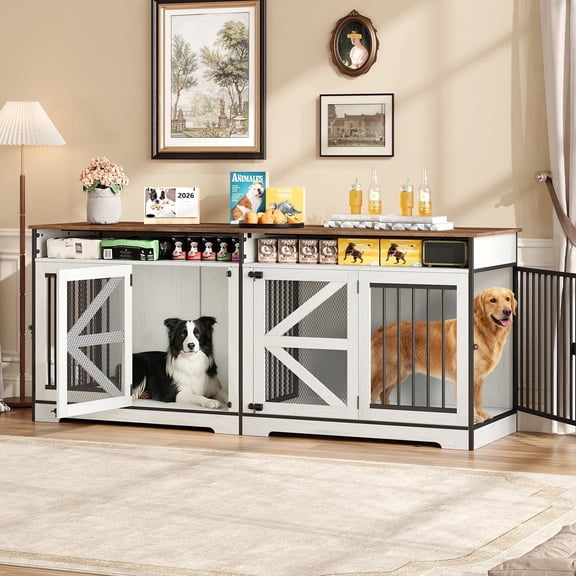 Kromapolis 72 Inch Double Dog Crate Furniture with Barn Doors & 2 Drawers, Heavy Duty Indoor Wooden Dog Kennel, Removable Divider, TV Stand End Table for Large Medium Dogs, White Brown