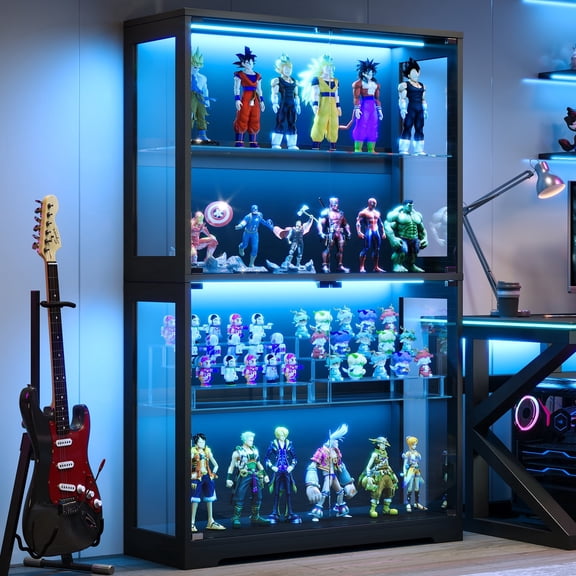 Kromapolis Display Cabinet with Tempered Glass Doors, 70" Storage Cabinet with LED & Adjustable Shelves, Modern RGB 4-Tier Curio Cabinet & Bookshelf, Collection Showcase for Home Office, Black