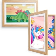 Kromapolis Kids Artwork Frames Changeable Front Opening,Set of 2, A4, 8.4x11.8 Art Picture Frame with Mat Display for Room Decor,Children Storage Frame Holds 150 Pcs Drawings,Crafts,Art Project,Wood