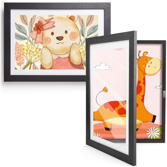 Kromapolis Kids Artwork Frames Changeable Front Opening,Set of 2, A4, 8.4x11.8 Art Picture Frame with Mat Display for Room Decor,Children Storage Frame Holds 150 Pcs Drawings,Crafts,Art Project,Black