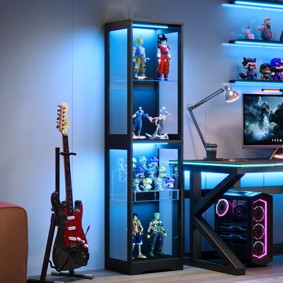 Kromapolis Modern RGB Display Cabinet with Adjustable Shelves, 70" Storage Cabinet with LED, 4-Tier Curio Cabinet & Bookshelf, Collection Showcase for Home Office, Black