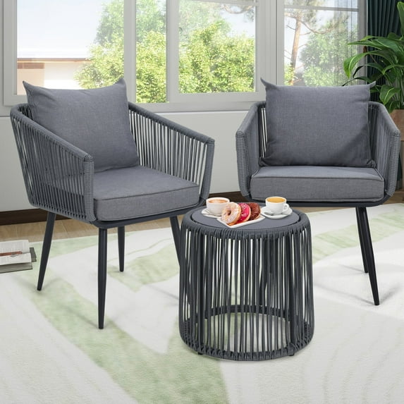 TUAREX 3-Piece Outdoor Rattan Bistro Set, All-Weather Wicker Patio Furniture with Glass Tabletop for Balcony, Porch and Backyard,Grey