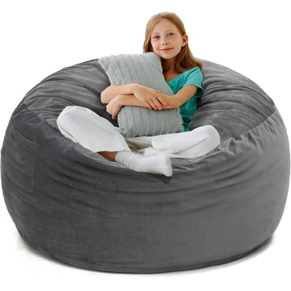 Kromax Large 3.5’ Bean Bag Chair for Kids, Teens, Adults, Memory Foam, Easy to Clean Washable Soft Suede Cover, Reinforced Zipper, Perfect for Living Room, Den, Bedroom, or Dorm, Light Grey