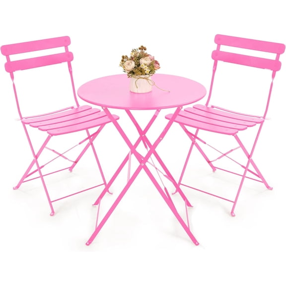 Kromax Outdoor 3 Piece Patio Bistro Set, Folding Bistro Table and Chairs Set of 2, Space Saving, Foldable Coffee Tables for Balcony or Garden, Pink