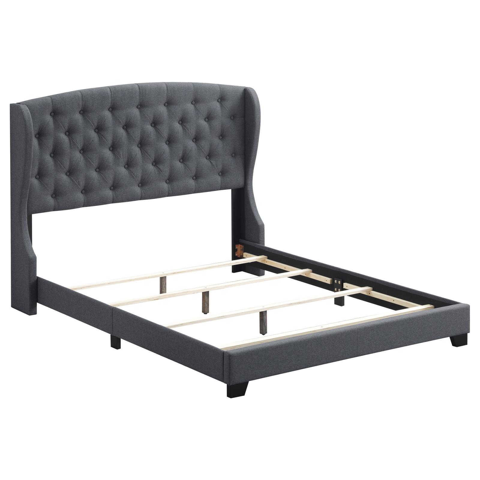 Krome Eastern King Upholstered Bed with Demiwing Headboard Gunmetal