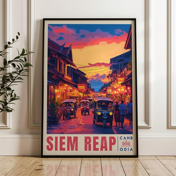 Krong Siem Reap Travel Poster - Cambodia Wall Art Print, Illustration Artwork, Khmer Home & Office Decor, South East Asia Gift Idea, Angkor Wall Art, Modern Wall Decor, 8x12 UNFRAMED